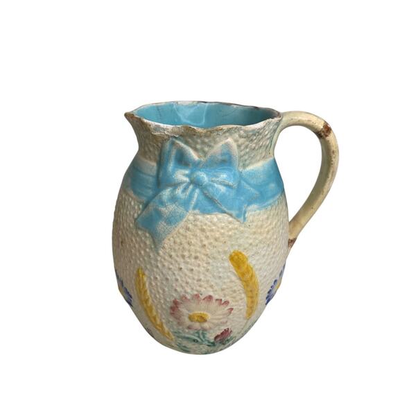 Antique Simon Fielding Majolica Pitcher Pottery Wildflower Blue Bow 6 Inch - Picture 1 of 7